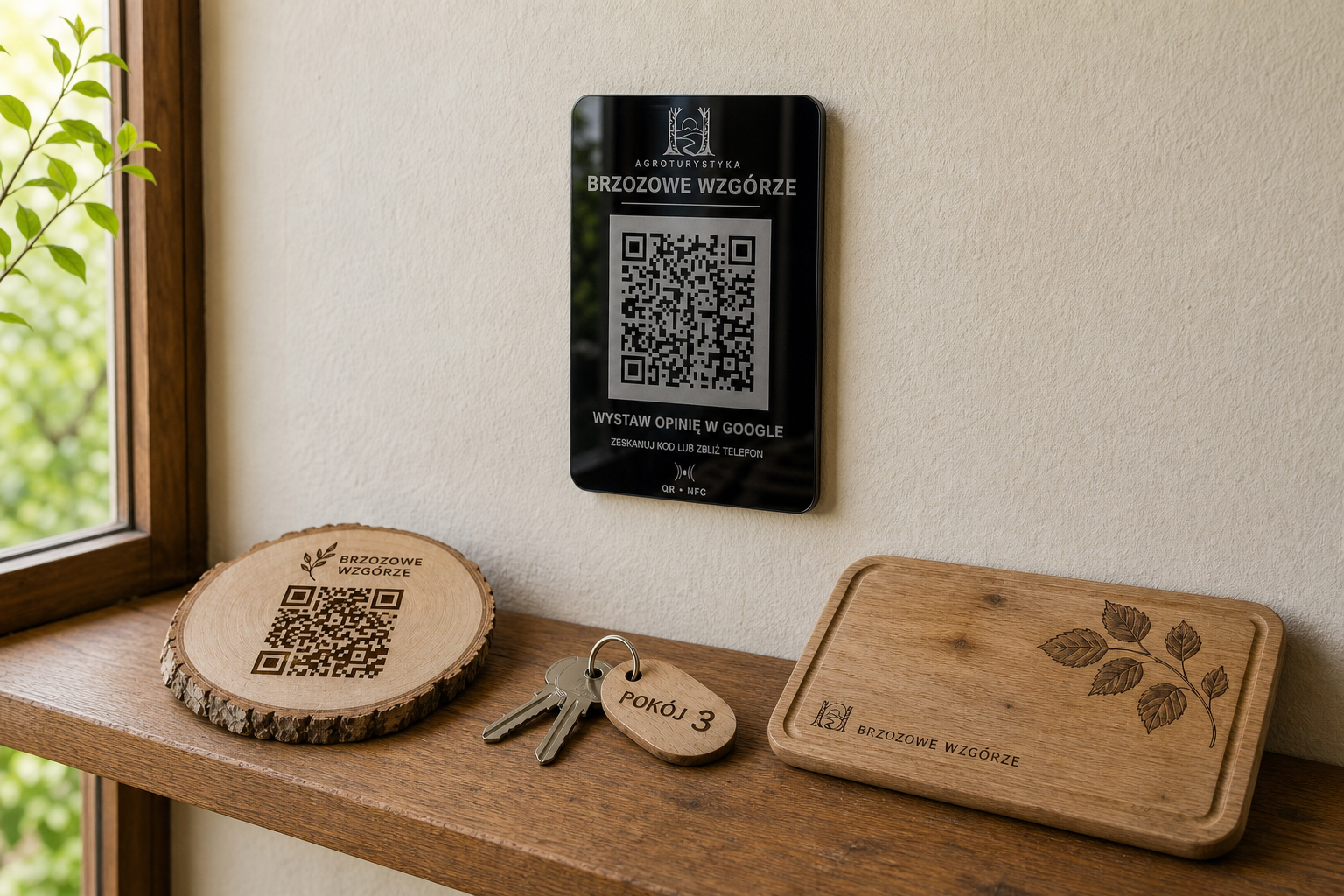 Zestaw drewnianych i akrylowych oznaczeń z kodami QR