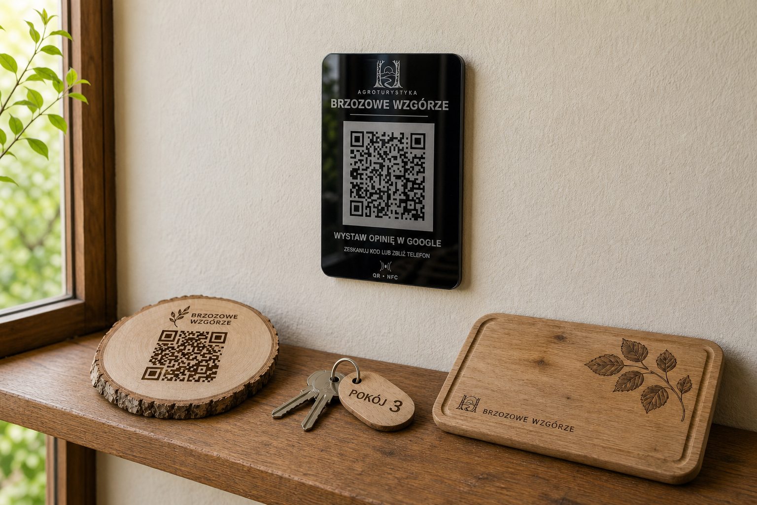 Zestaw drewnianych i akrylowych oznaczeń z kodami QR